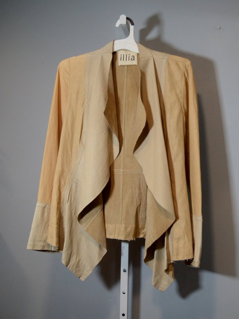 Illia Women's Size 6 Leather & Linen Waterfall Jacket Raw Edge Styling Layering